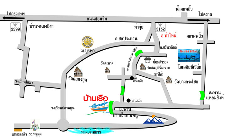 แผนที่บ้านเรือรีสอร์ท สะพานปากน้ำแขมหนู ท่าใหม่ จันทบุรี